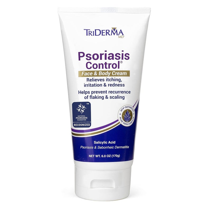 TriDerma كريم التحكم في الصدفية للوجه والجسم - قوة قصوى 3% حمض الساليسيليك، جل الألوة فيرا AP4، كريم يوريا - علاج مرطب إضافي، بدون كورتيزون أو قطران الفحم - مؤهل لـ FSA - 6 أونصات - Image 1